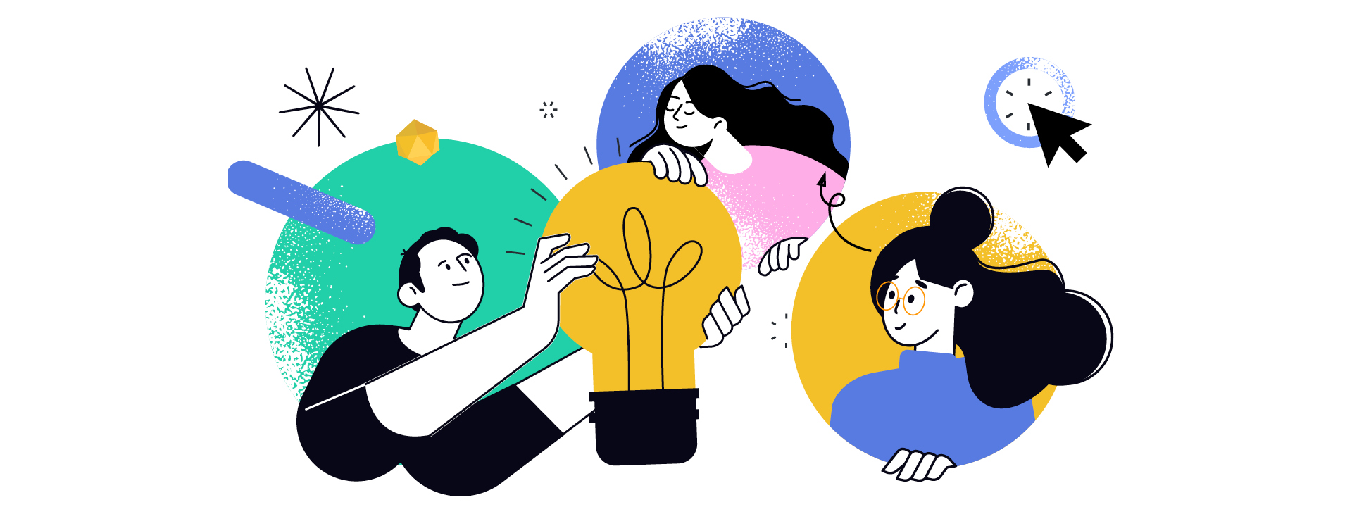 Illustration von Personen, die eine Glühbirne hochhalten