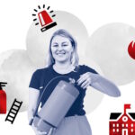 Ein Mädchen hält einen Feuerlöscher in der Hand, umgeben von Symbolen, einem Blaulicht und einem Schulgebäude