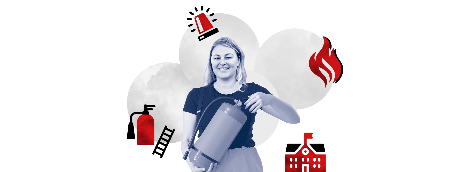 Ein Mädchen hält einen Feuerlöscher in der Hand, umgeben von Symbolen, einem Blaulicht und einem Schulgebäude
