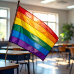 Eine Regenbogenfahne in einem Klassenzimmer